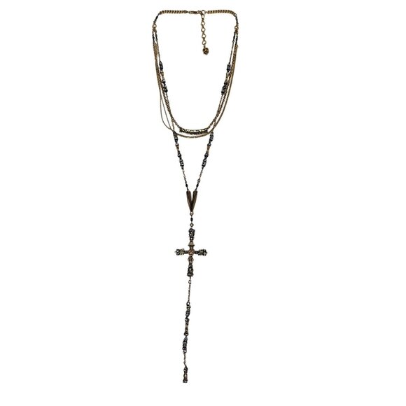 Layered Gold-Tone Necklace Ornate Cross Pendant‎ Beaded Accents 18" - Picture 2 of 11